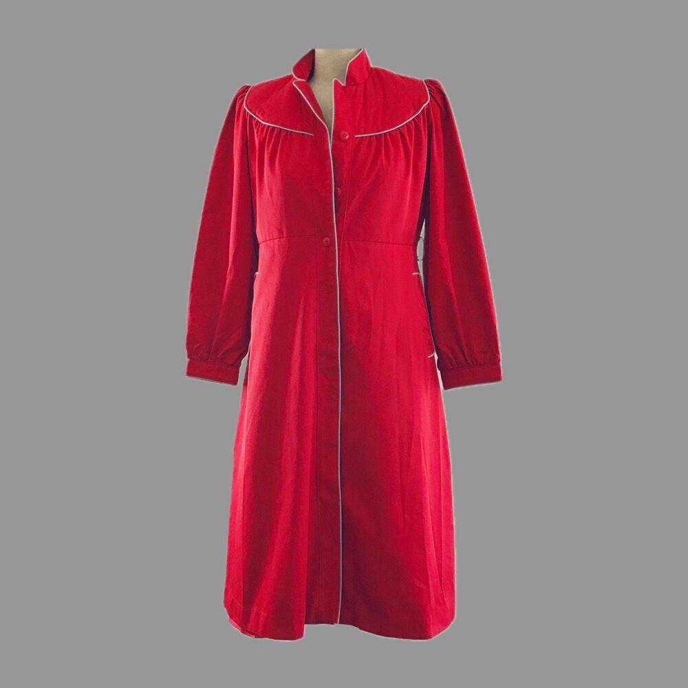 Vintage 70s Red Cotton Long Puff Sleeve A Line Mod Retro Mid Length Coat XS